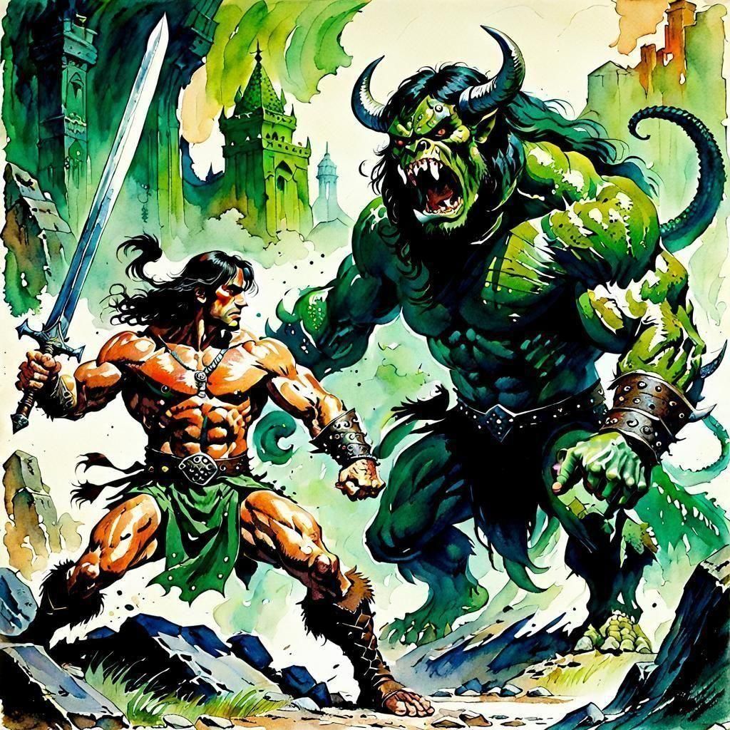 Conan the Barbarian meets a demon. (Place your bets, ladies and gentlemen!)