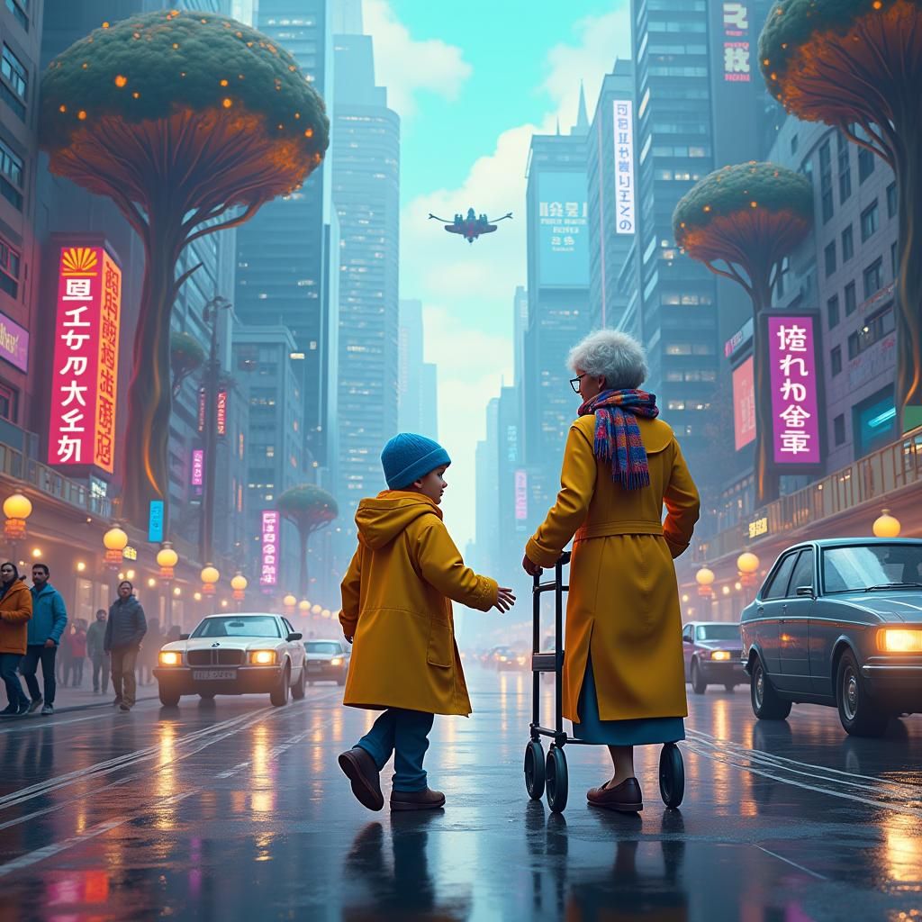 A little boy helping an old lady cross a busy road, make it in the city, make it colorful