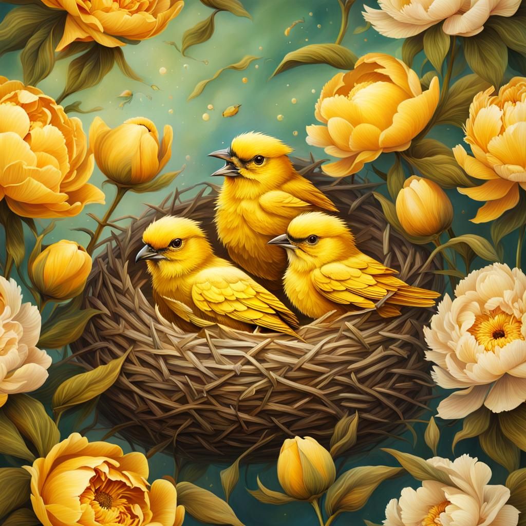 Yellow baby birds in a nest surround by yellow peonies