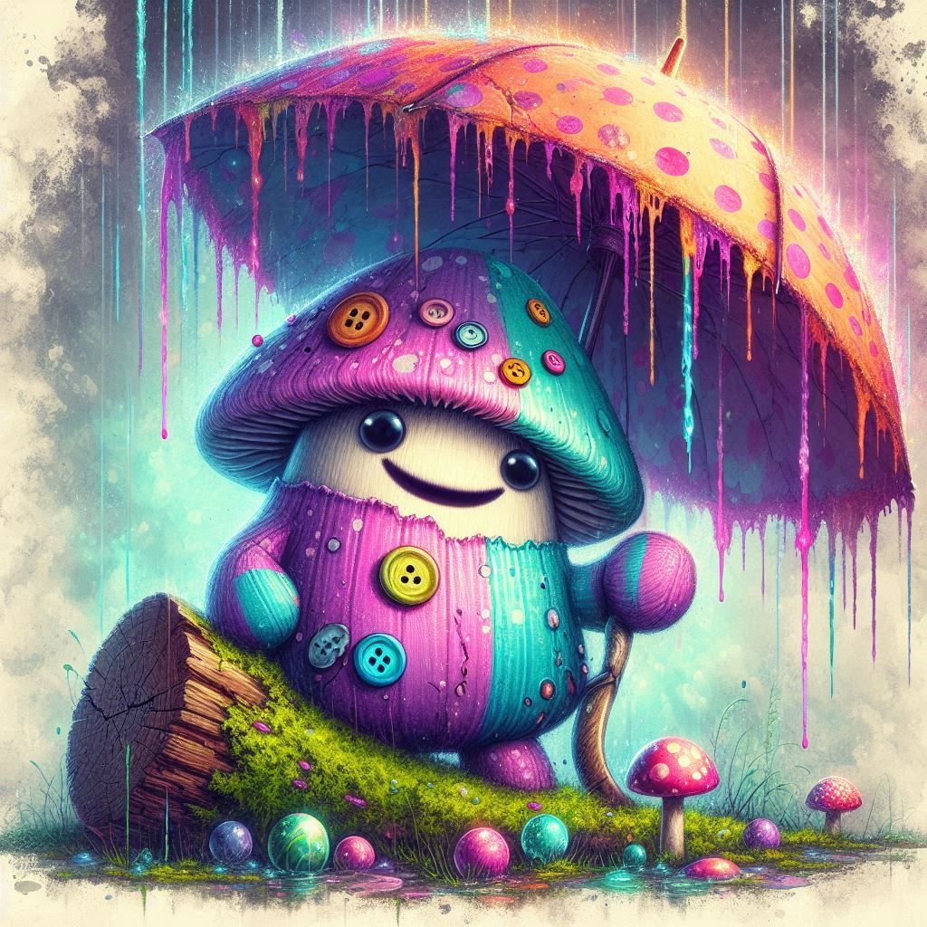 Fluffy mushroom spirit with bright white, blue, pink striped shirt, mismatched buttons for eyes and a cheerful grin, leaning on a mossy log,...