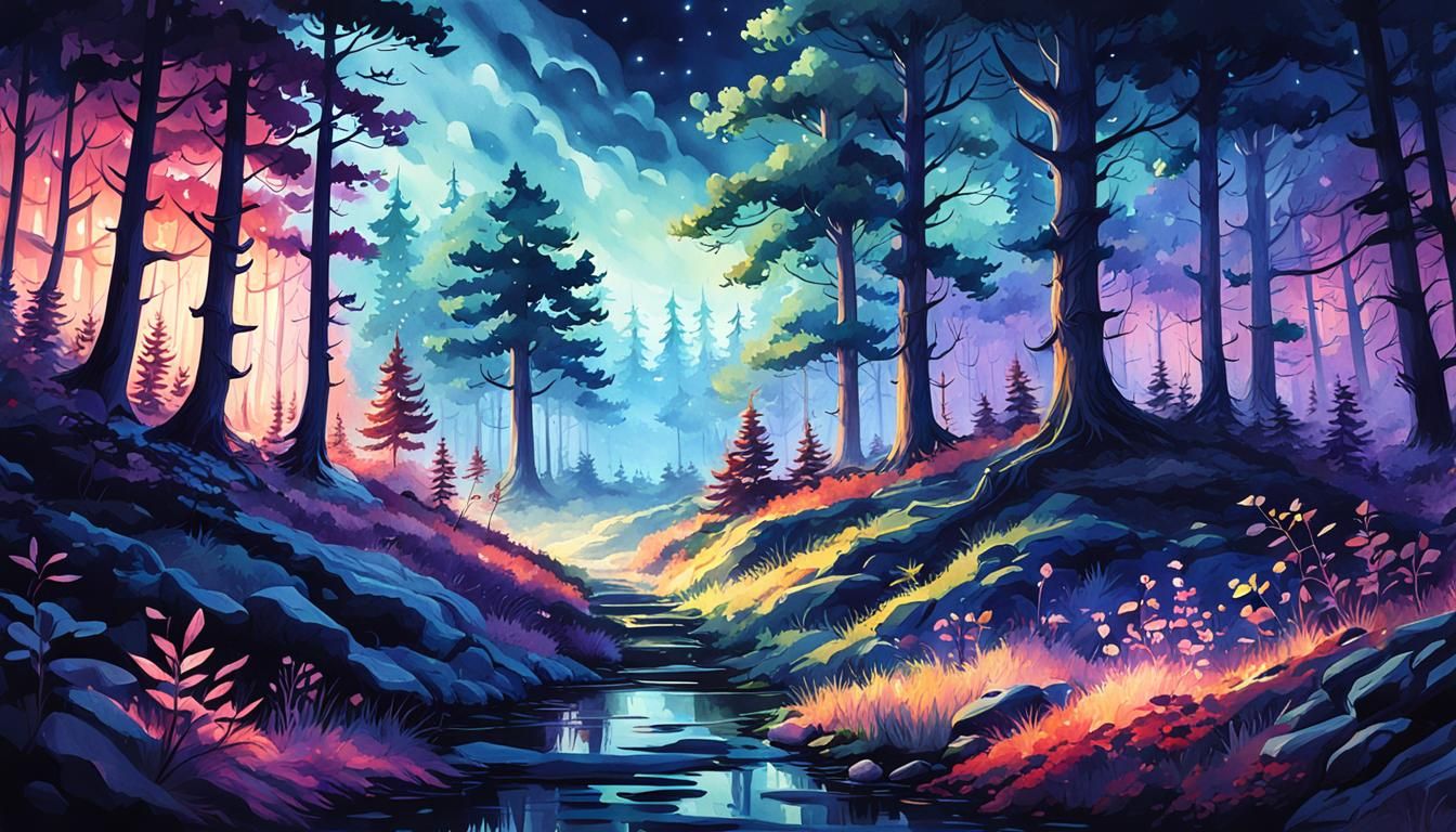 Mystical Forest Path at Night Watercolor Painting