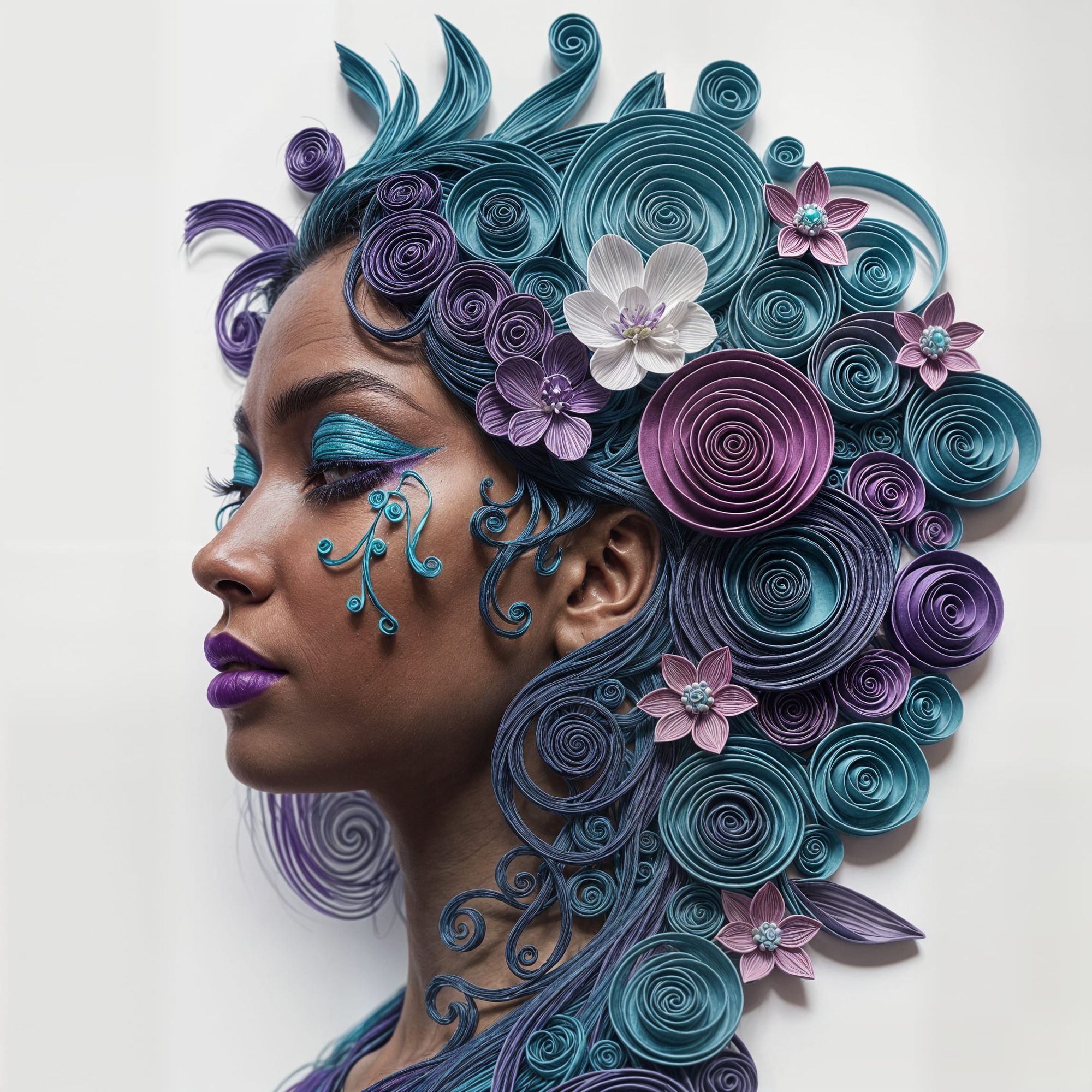Close-up of a surreal portrait made of 3D paper quilling, side profile of a woman's face. Her hair and decorations are a cascade of intricat...