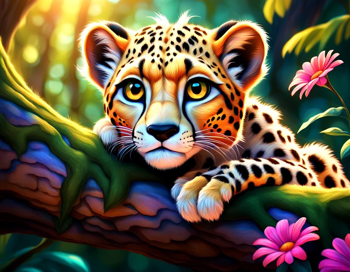 Disney Pixar silk cheetah wrapped around a vine covered tree branch, highly  detailed, fluffy, jungle, intricate, big eyes, adorable, beautif - AI  Generated Artwork - NightCafe Creator