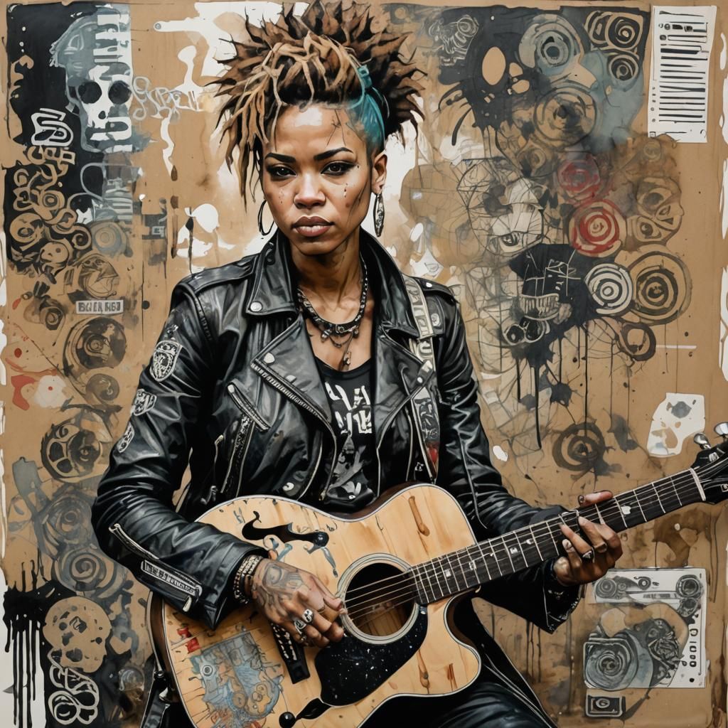 portait, punk Girl, Guitar, Park, dynamic, moody, funk art, watercolor and ink, Tim Okamura, Carne Griffiths
