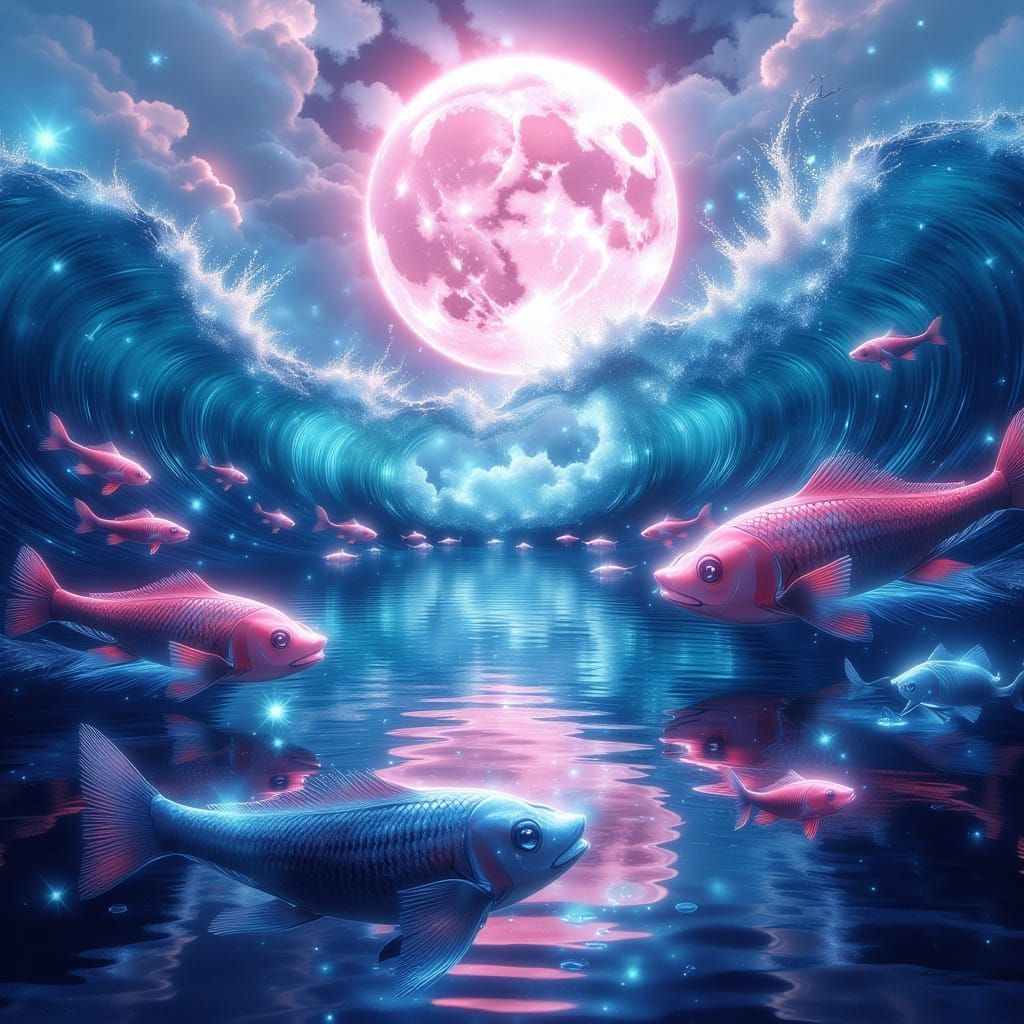 Vibrant Double Exposure Fantasy Scene with Glowing Moon and ...