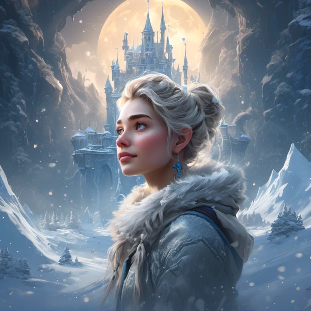 Elsa in her snow castle on the moon
