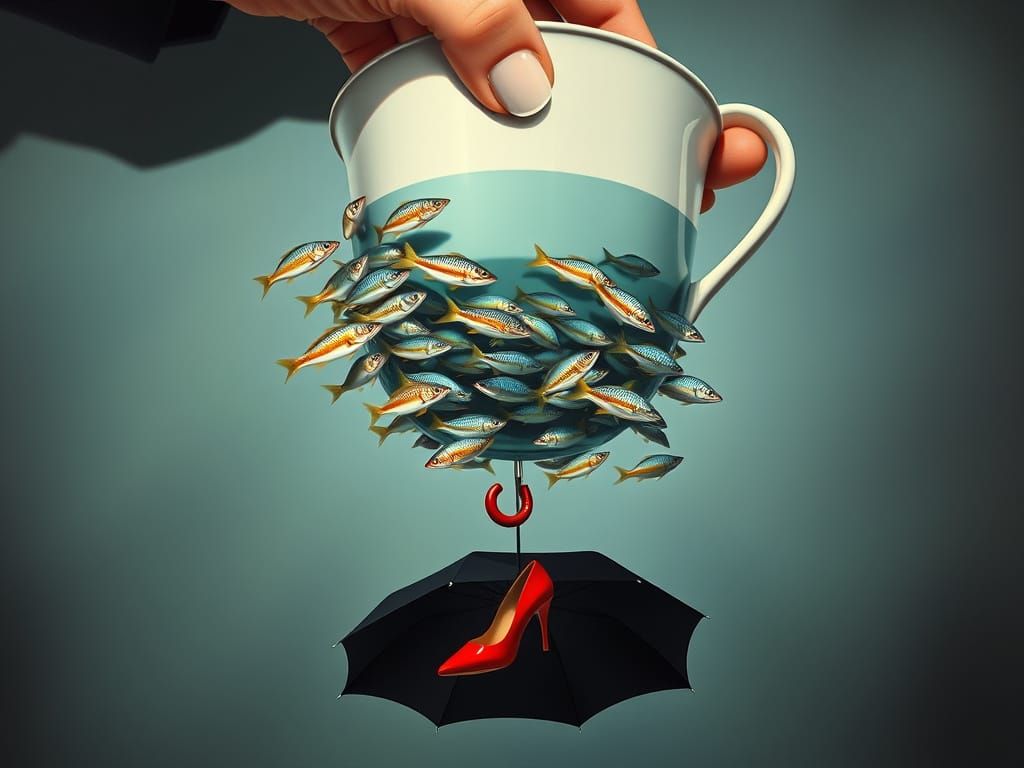Surrealism. Dalle. Escher. Fish, umbrella, teacup, shoe
