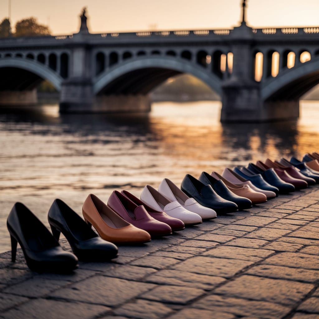 גשר מעל נהר הדנובה עם נעליים בכל מיני גדלים של אלו שהושלכו לתוכו בשואה עומדות בשורה עצובה על הגשר