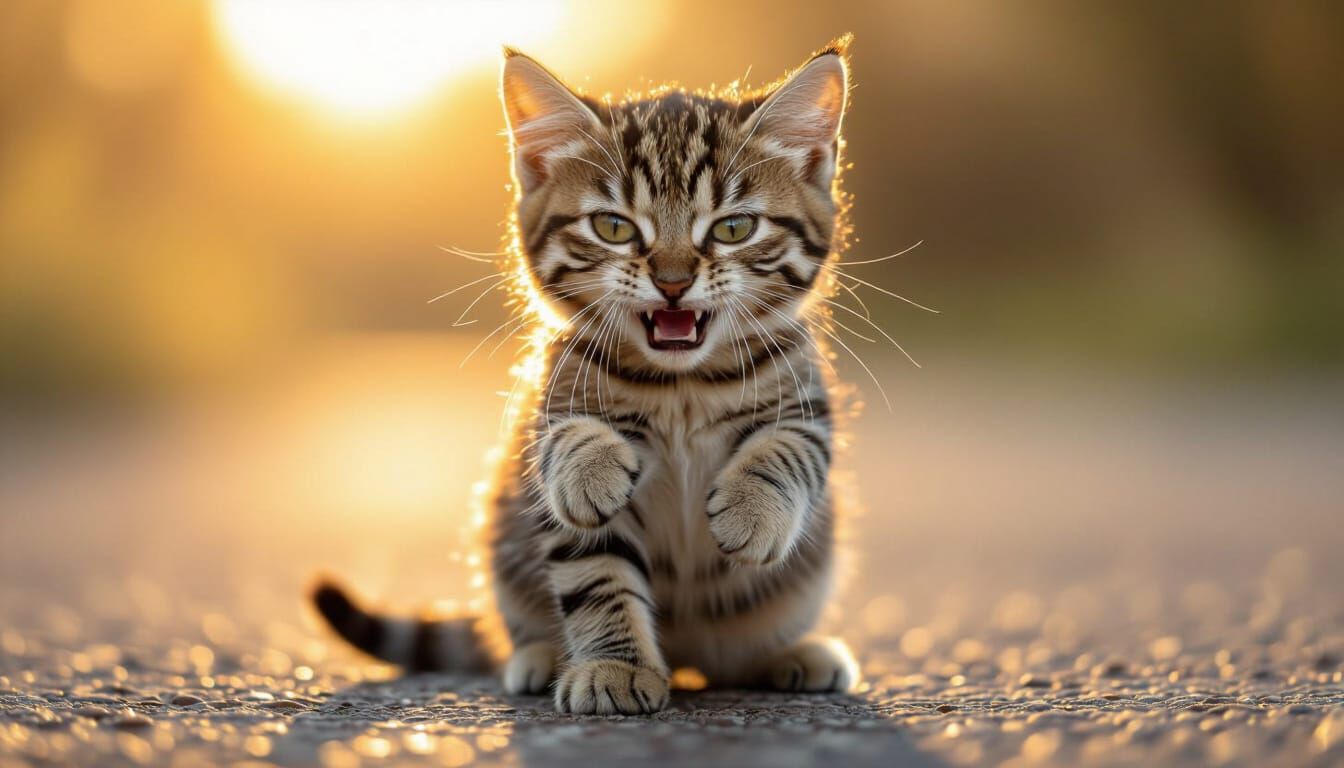 Animate the little impersonator cat move towards the viewer and show proud how strong you are , stylish cat impersonating a tiger 