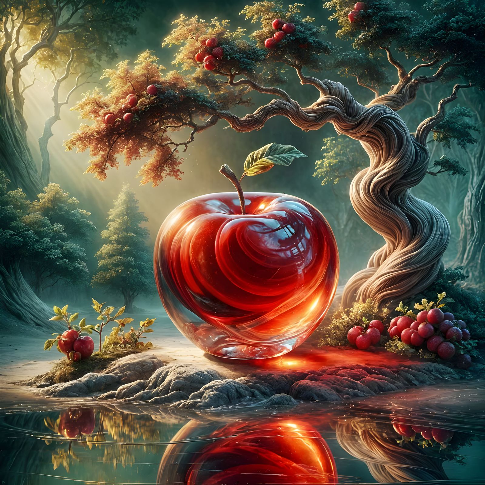 A glass red apple with a tree growing around the glass apple. Bright reds, black. Glass is shining in ...  by @Irene