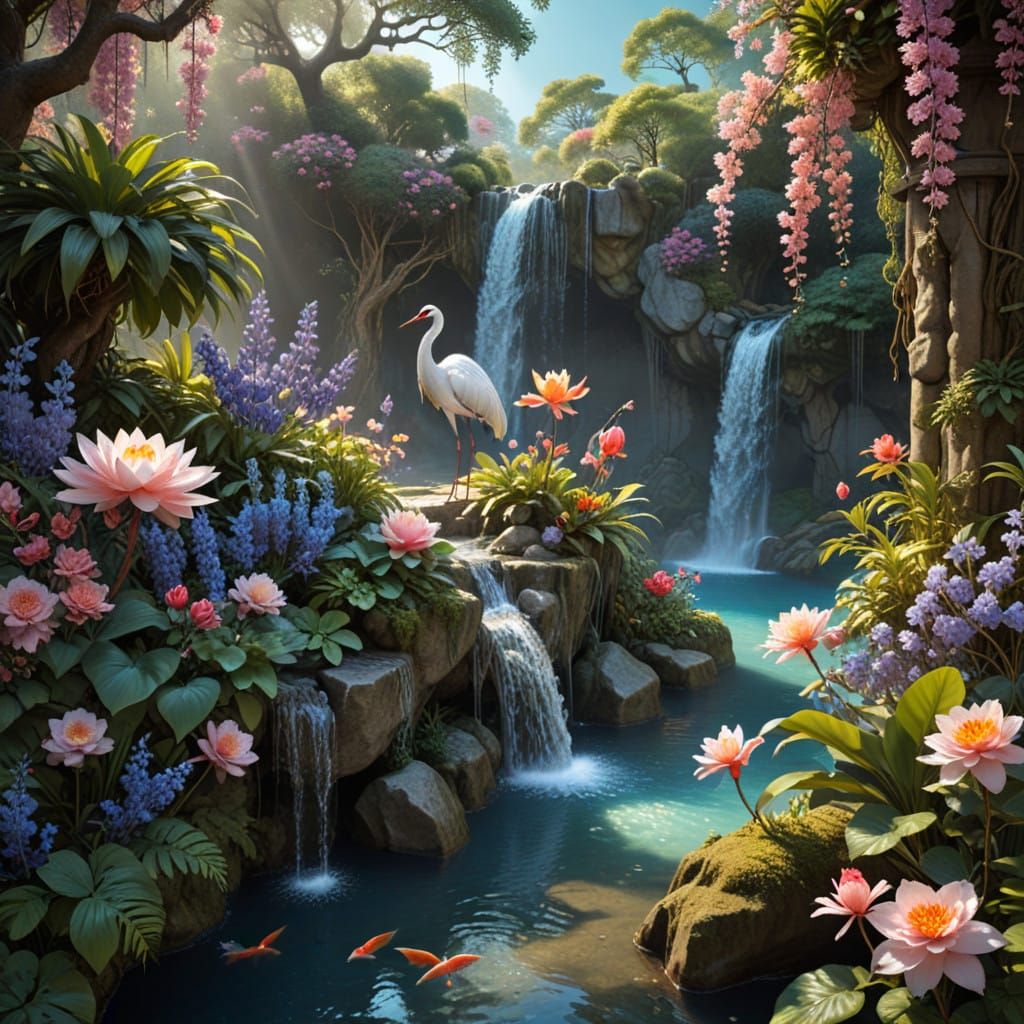 Hidden Garden with fish and Endangered Whooping Crane  by @Peregrine Falconer