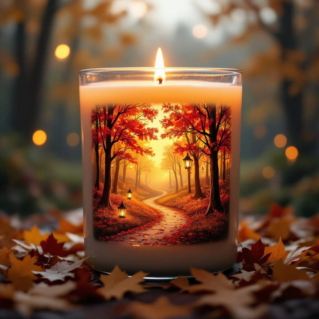 Candle with Miniature Autumn Forest Inside, Photorealistic