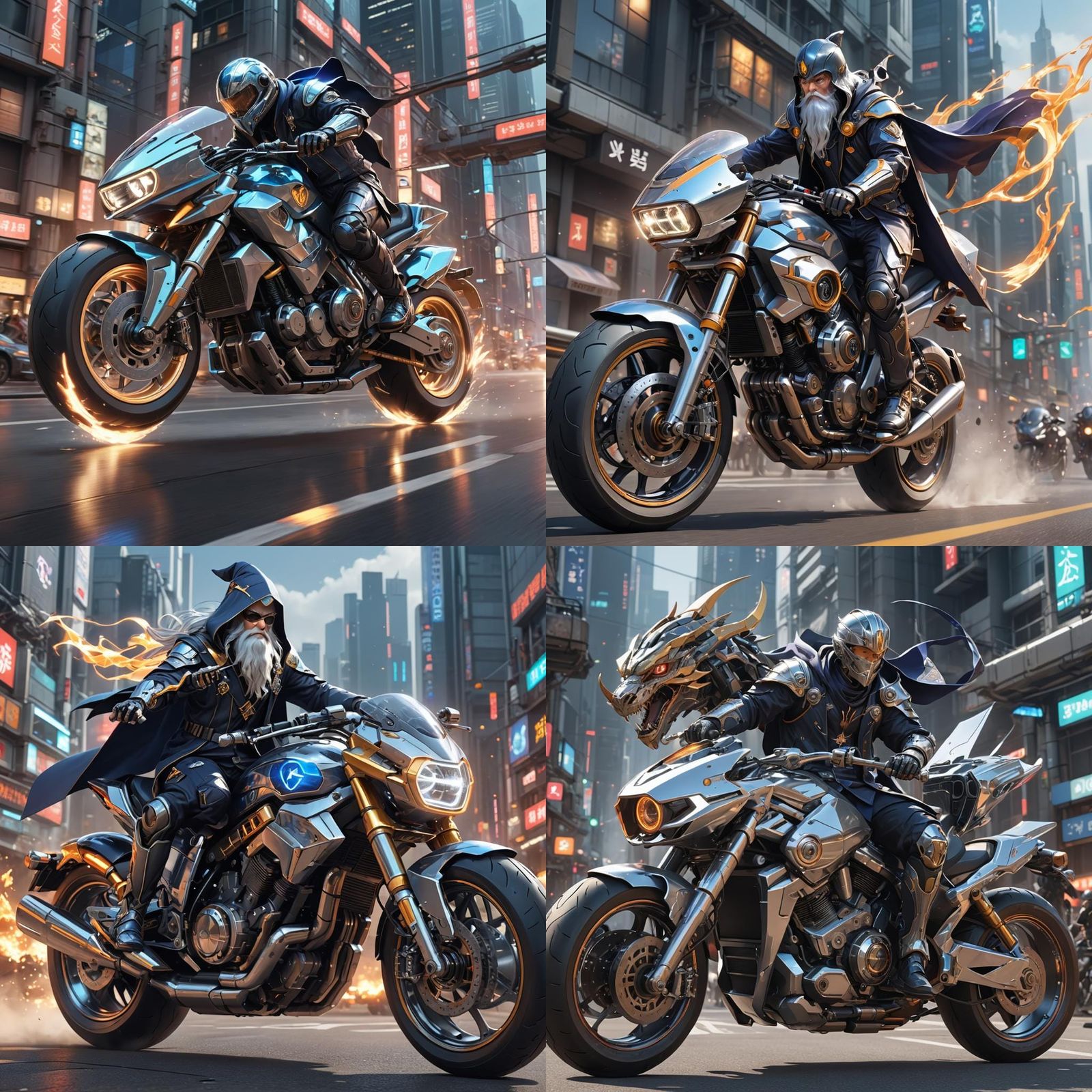 A wizard riding a futuristic motorcycle.