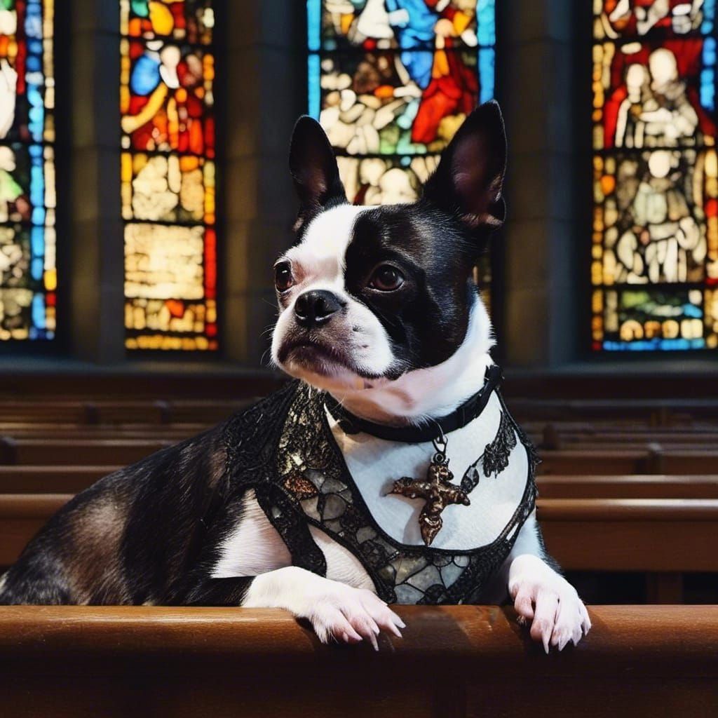 <lora:Toby:1.0> a photo of <Lora:Toby: 1.0> lies bathed in a soft light  of stained glass window in a  gothic church. 