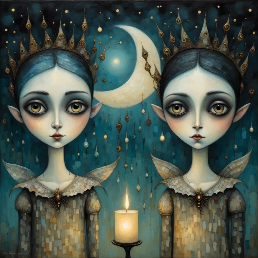<lora:GrimKey:1.0> Masterpiece Painting Expressive eyes Two pixie witchy sisters, moon backdrop halloween
 sparkle candlelight glow 