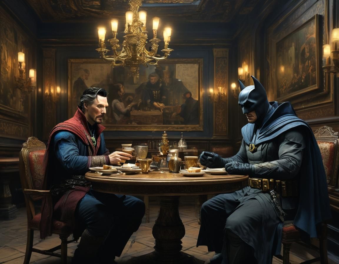 Doctor Strange and Batman are Dining together close up at a small tabel in an Eighteenth century cafe in Prague. 3D, Hyperrealistic, splash...