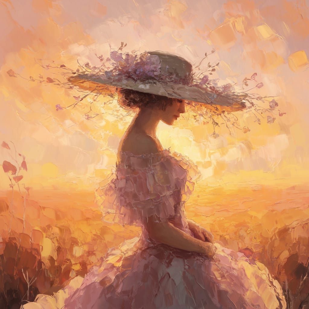 Sunset, a woman wearing a hat, 1800s,  in oil, impasto,   by @Tilted25