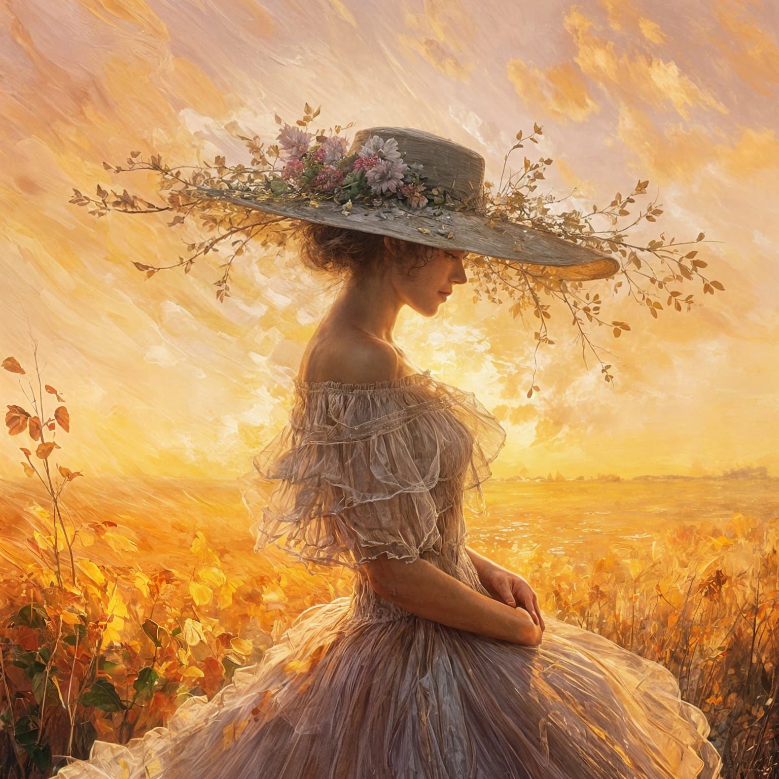 (4 likes) Sunset, a woman wearing a hat, 1800s,  in oil, impasto,   by @Tilted25