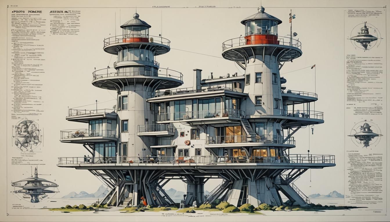 space age multi-level home, slender supports (lighthouse the...
