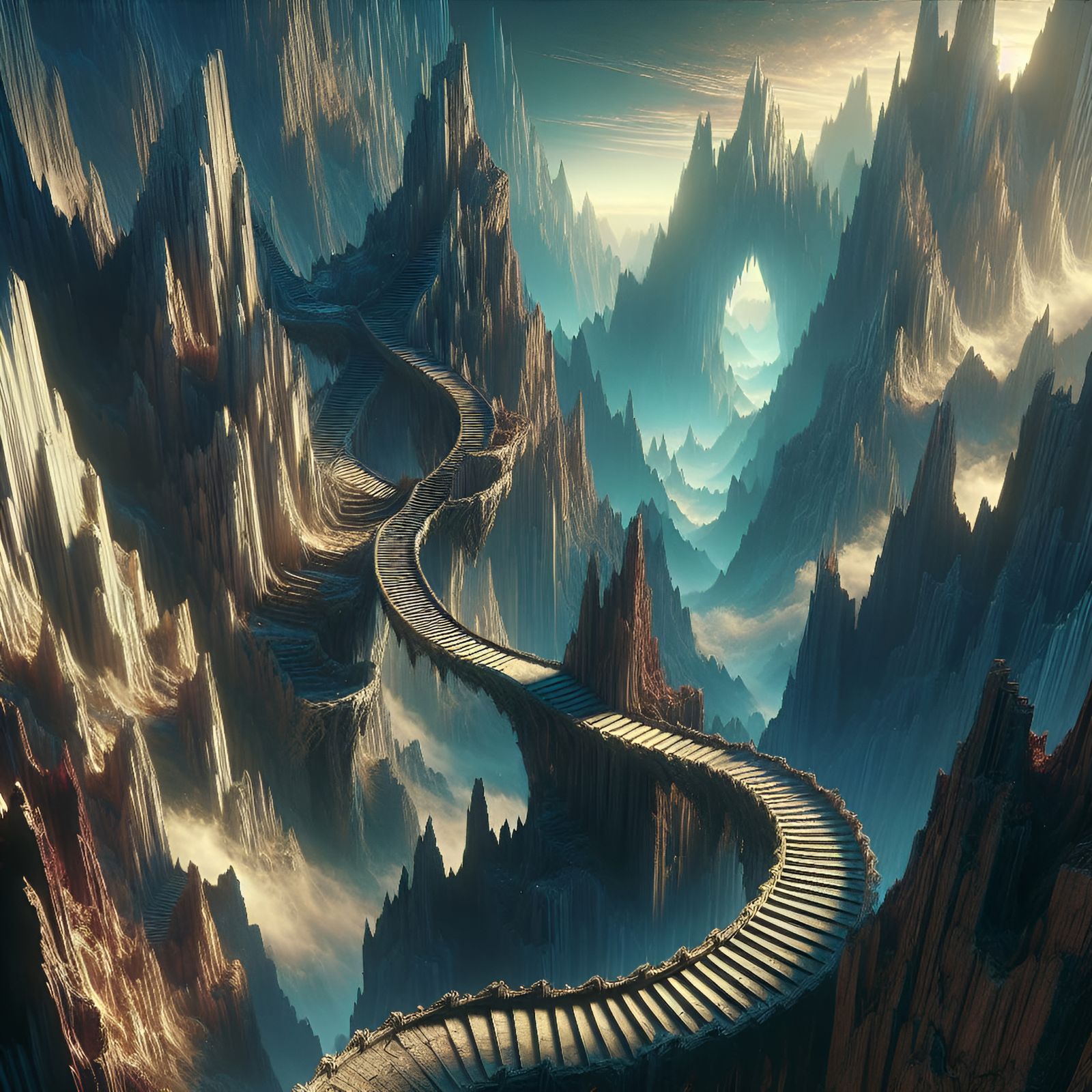 Winding stairway through jagged sawtooth  mountains