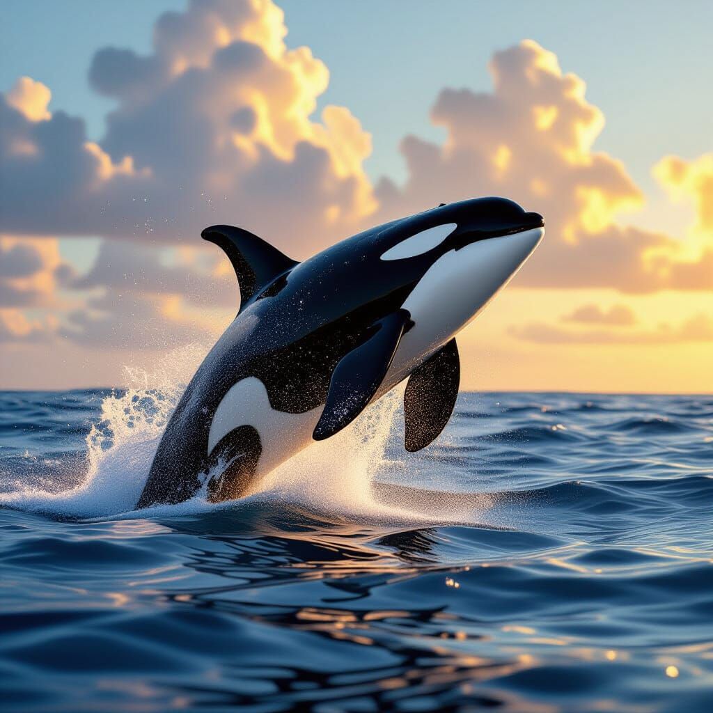 Orca Leaping From Ocean in Golden Hour Sunlight