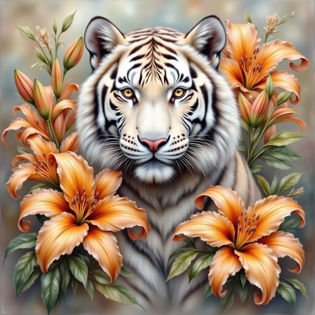 <lora:Unique Ink:1.0> head and shoulders portrait of a beautiful white tiger in orange yellow tiger lilies