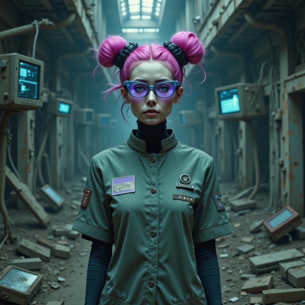 an android nurse standing amidst the rubble of a collapsed, futuristic hospital wing. The nurse has a porcelain-like face and wears a faded,...