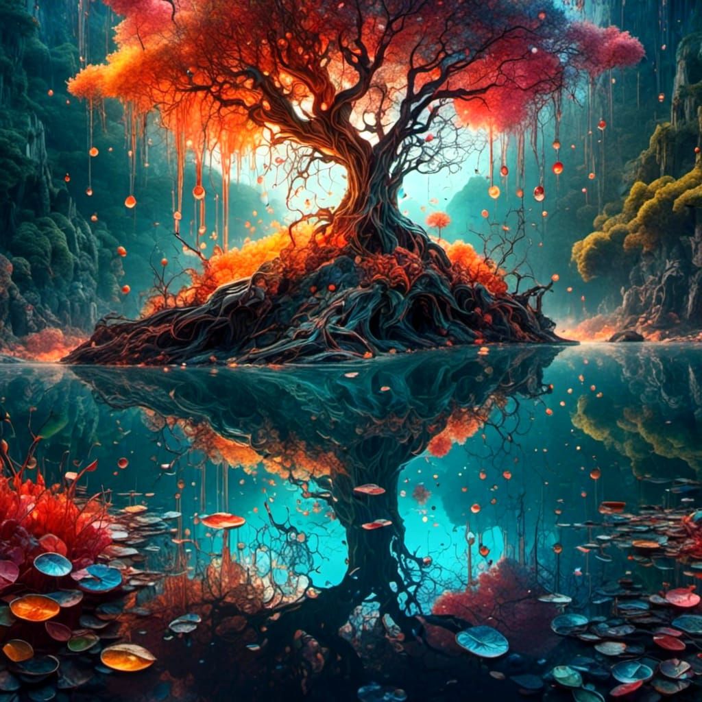 Multicolor tree in lake