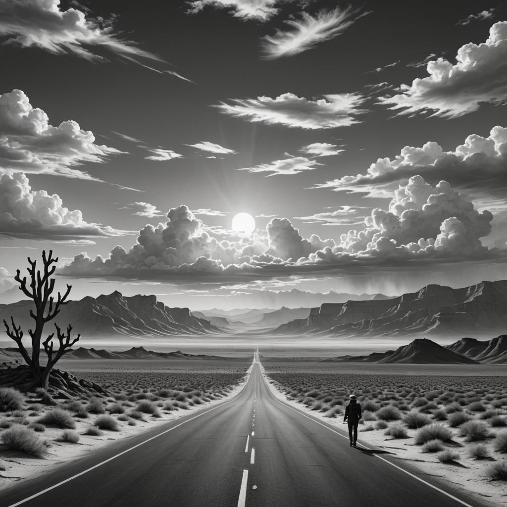 Picture in ink-drawn style. A paved road runs through the de...