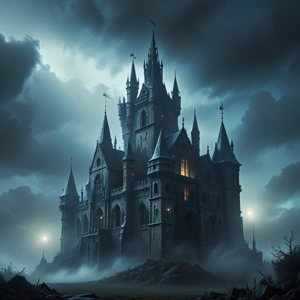 Mystical Gothic Castle in Fog: Digital Art