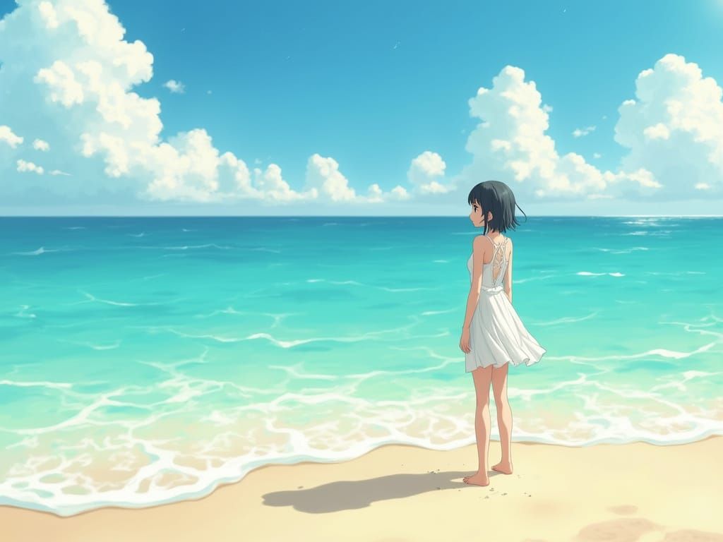 Anime Woman on Sun-Drenched Beach