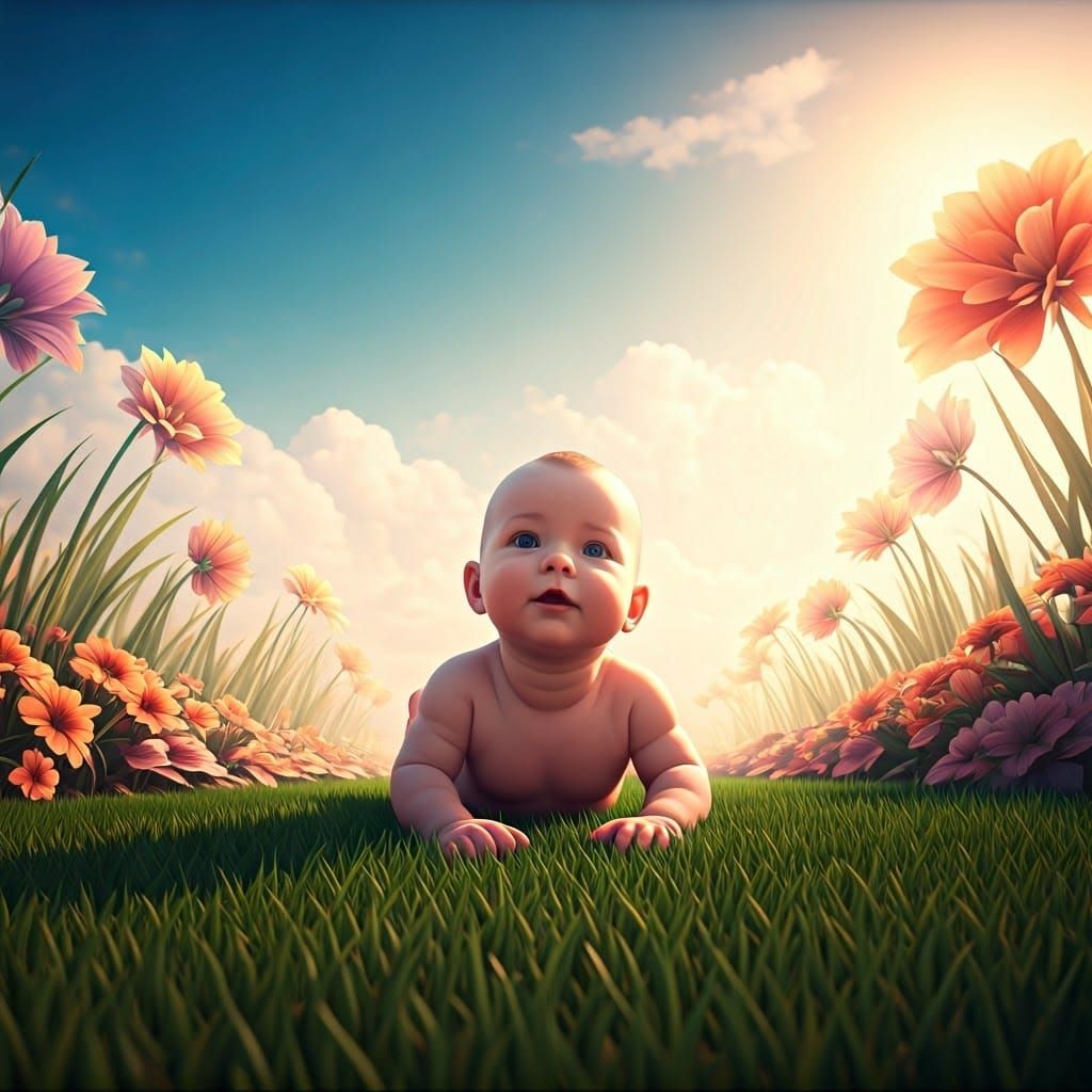 Dreamlike Infant in a Field of Flowers