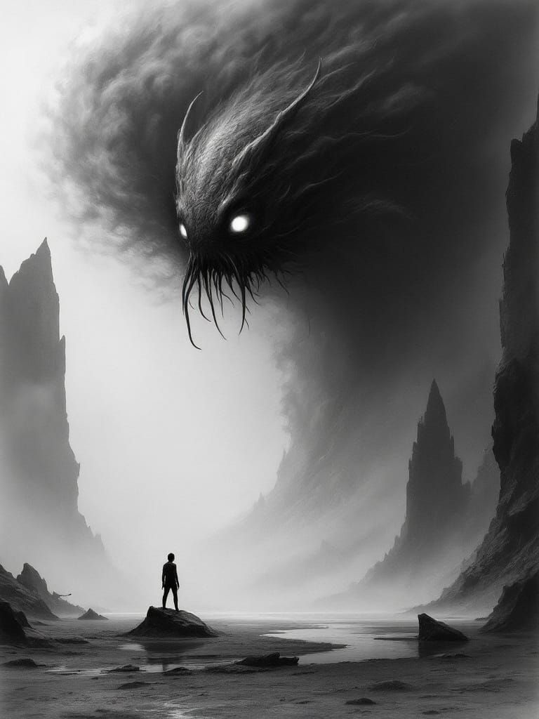 Eyes pierce through black fog,
ancient hunger in the dark,
h...
