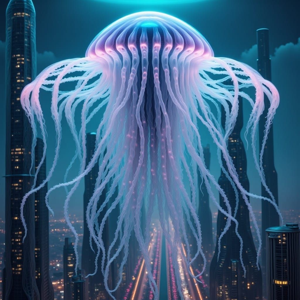 giant Transparent jellyfish alien godzilla flying over skyscrapers <lora:Jellyfish Alien V1:1.0> 