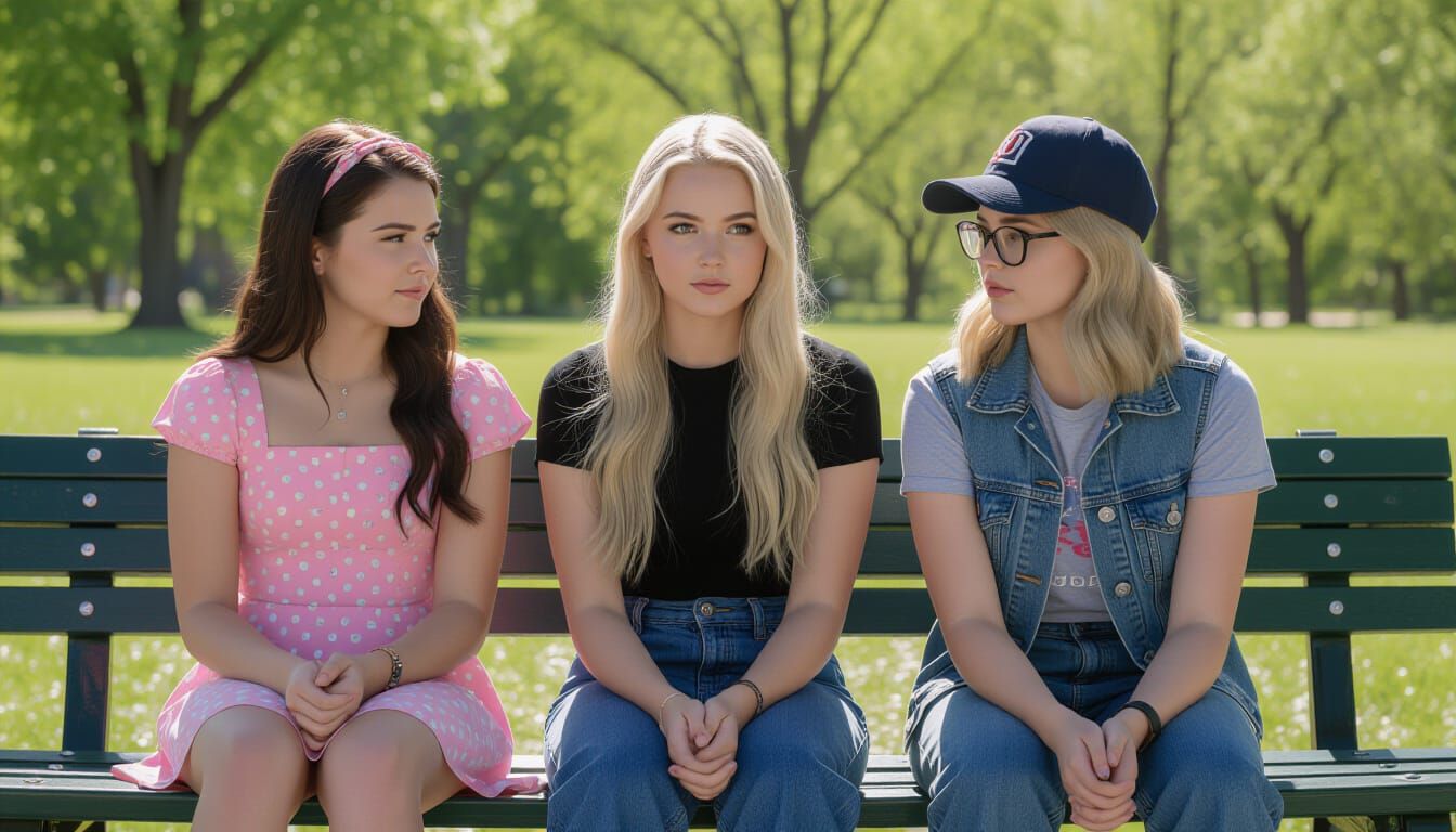three teen girls on a parc bench the first of them is brunette girl in girlie style, the scound of them is a blonde girl in geek style and t...