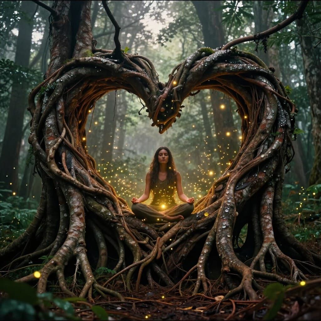 Meditating Figure in Heart-Shaped Tree Roots