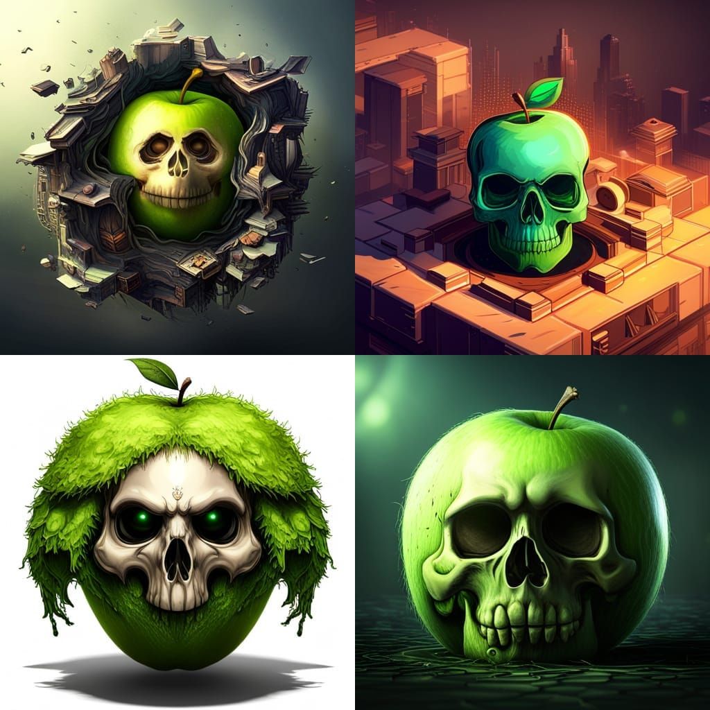 "☠ 🍏" 3D Game Cinematic Feel, Epic 3D Videogame Graphics, Intricately Detailed green apple with a skull carved into it