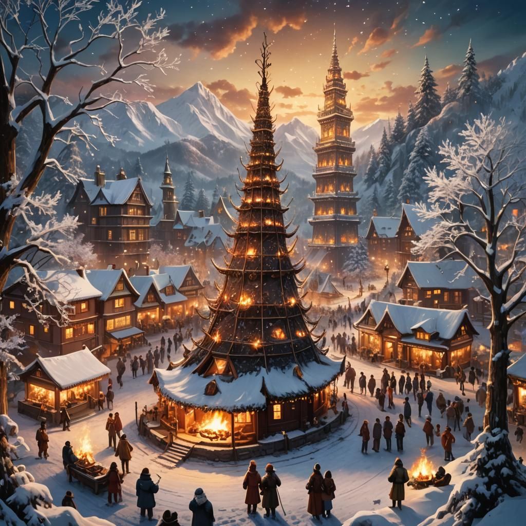 Festive Winter Wonderland with Majestic Tower