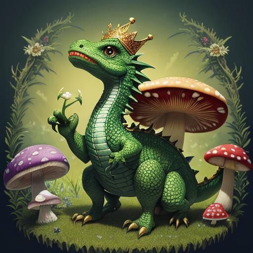a tiny dragon, adorned with a crown, perched atop a large, v...