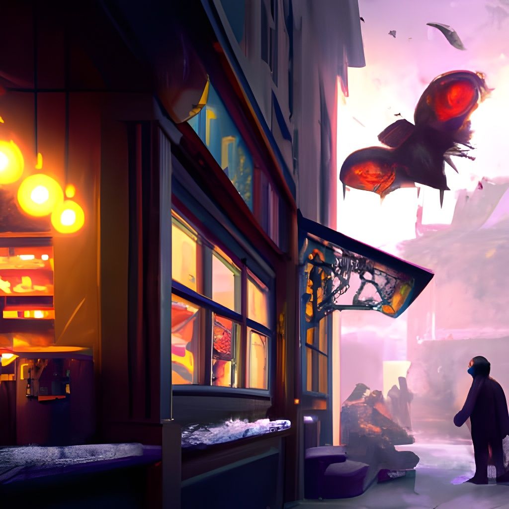 A friendly mothman cryptid overlooks a cozy bakery in the ci...
