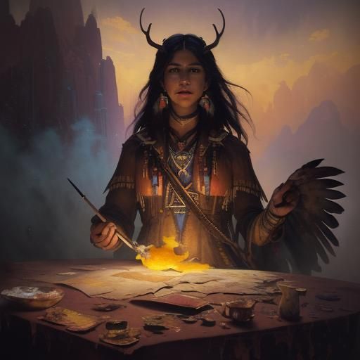 Native American, hunting, spirit background, Gouache Style, ...