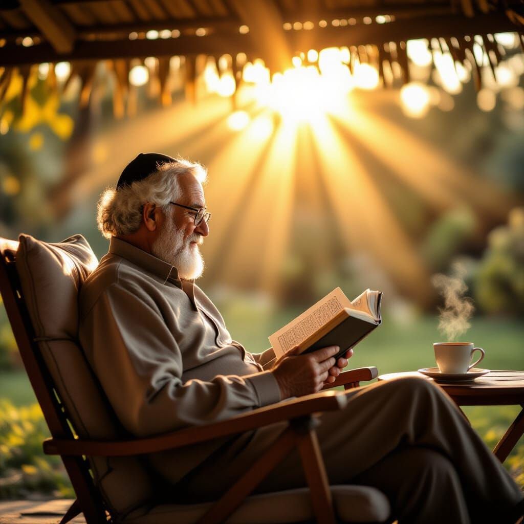 Elderly Man Reads Holy Text in Tranquil Sukkah