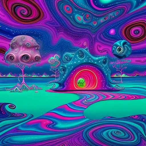 Magical beach with (pink strange and whimsical creatures glo...