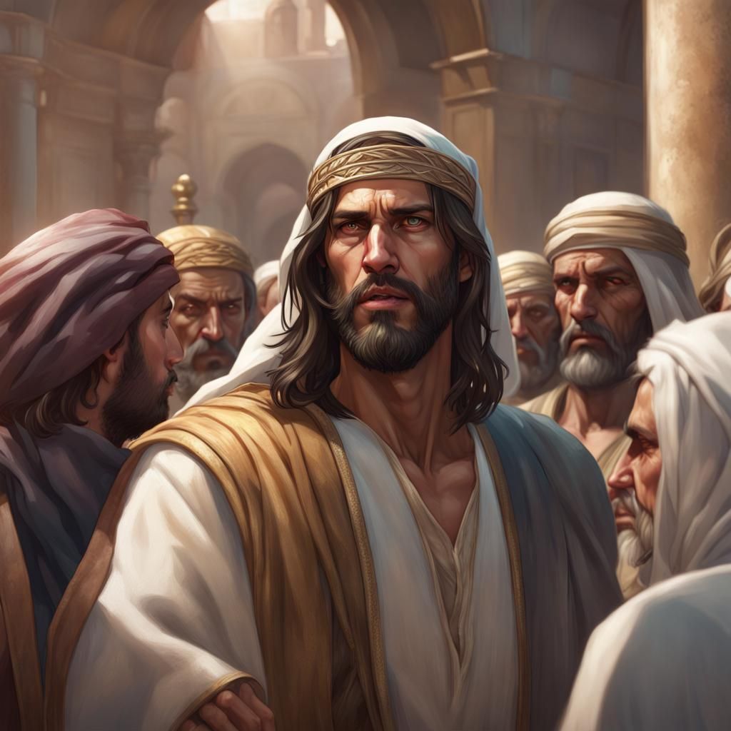 middle-eastern Jesus short hair confronting angry Pharisees - AI ...