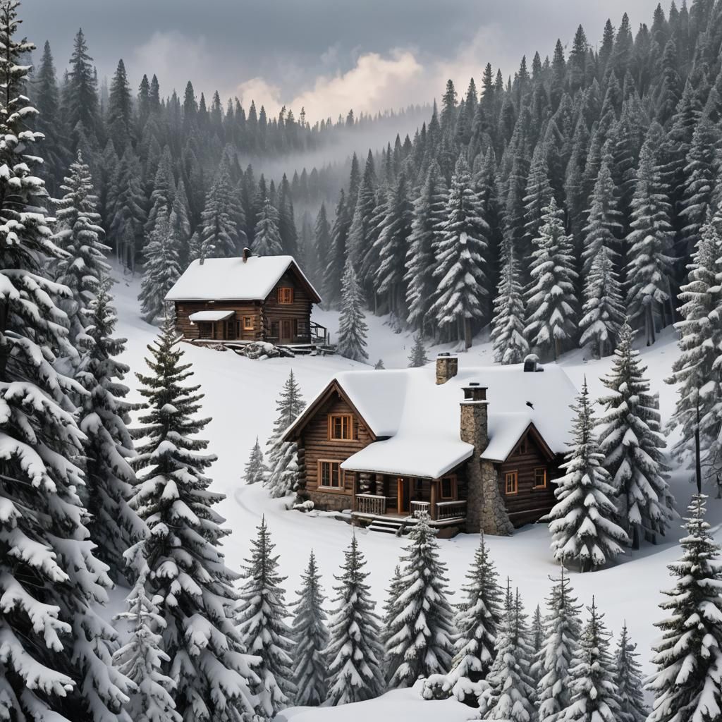 Amidst snowy pines, a cozy cabin rests, smoke spiraling into...
