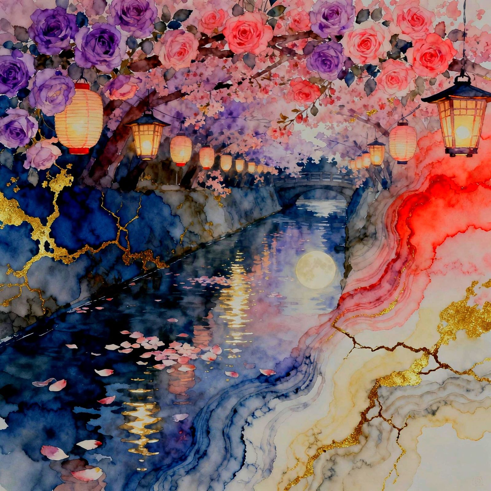 Kyoto Blossom Lanterns over Water in Watercolor and Gold Lea...
