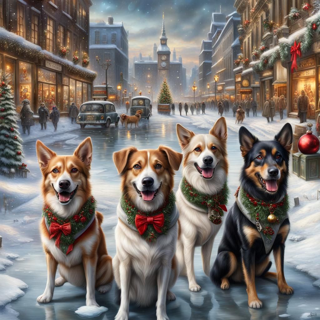 Smiling Christmas dogs.