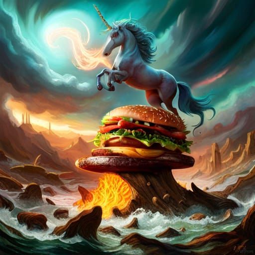 "unicorn rearing on a giant hamburger!", intricately detaile...