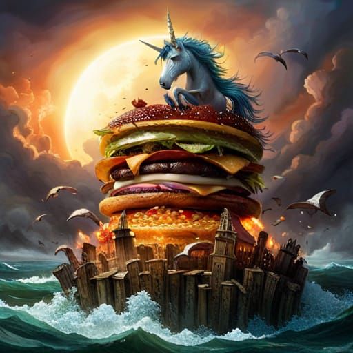 "unicorn rearing on a giant hamburger!", intricately detaile...