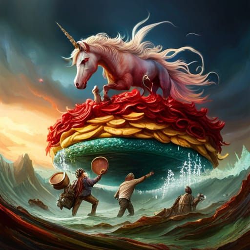 "unicorn rearing on a giant hamburger!", intricately detaile...